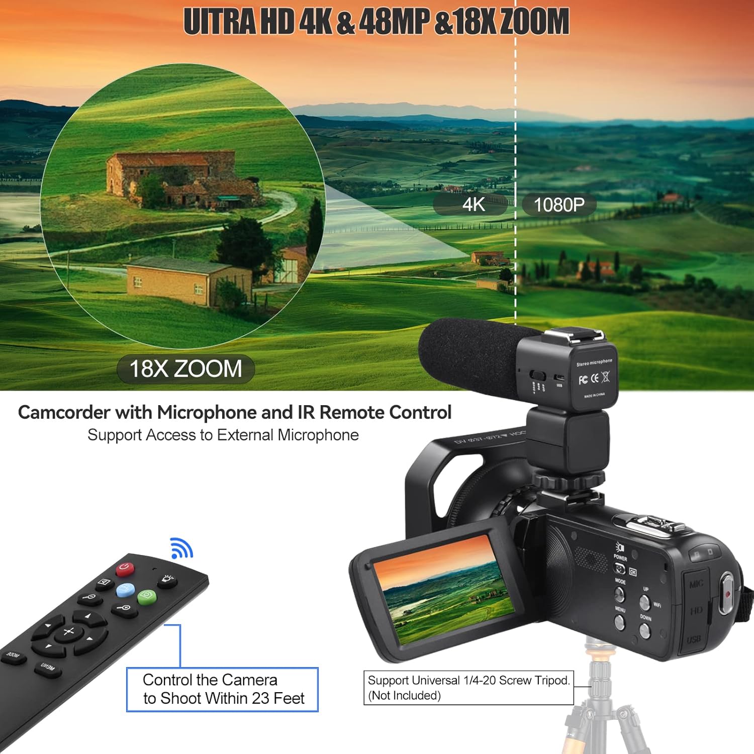 4K 18X Zoom Vlogging Camera with Touch Screen and Night Vision O258