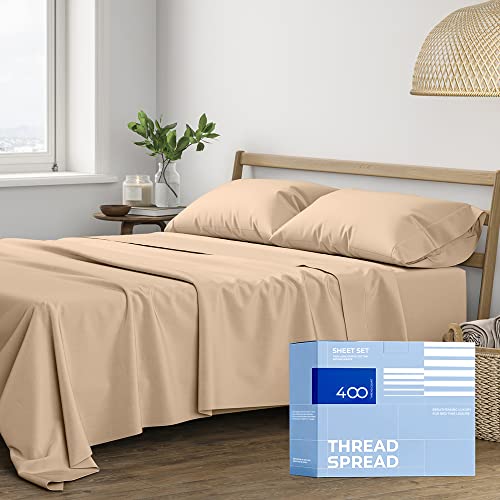 THREAD SPREAD 100% Cotton Sheets for Queen Size Bed - Luxury 400 Thread Count Queen Sheet Set, 4 Piece Sateen Weave Queen Navy Blue Cotton Sheets, Ultra Soft Deep Pocket Cooling Sheets Queen Size
