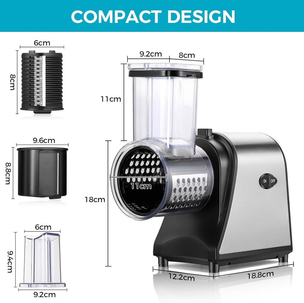 Electric Cheese Grater with 5 Attachments for Vegetables, Fruits, and Cheese O4303