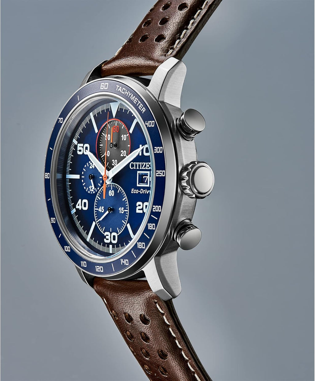 Men's Chronograph Watch with Brown Leather Strap and Blue Dial E7763