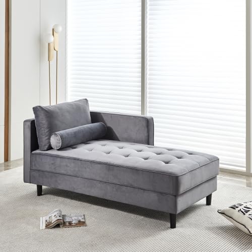 Velvet Chaise Lounge Chair, Modern Upholstered Velvet Chaise with Tufted Cushion, Sofa Recliner Lounge Chair with Adjustable Armrest and Pillows, Sleeper Chair for Living Room, Bedroom Office, Gray