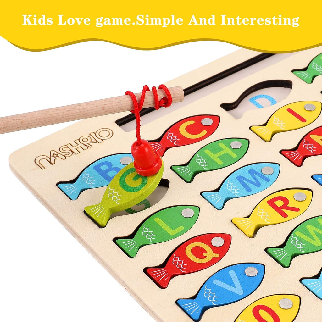 Magnetic Wooden Fishing Game Toy for Toddlers, Alphabet Counting Puzzle, Preschool Learning Educational Toys U8493
