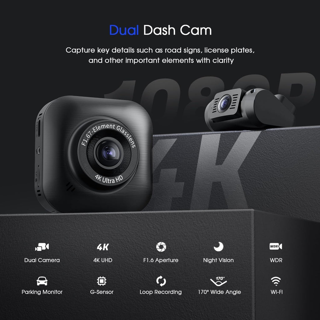 4K/1080P Dual Dash Camera, Front and Rear, Wi-Fi, Night Vision, Parking Mode W825410