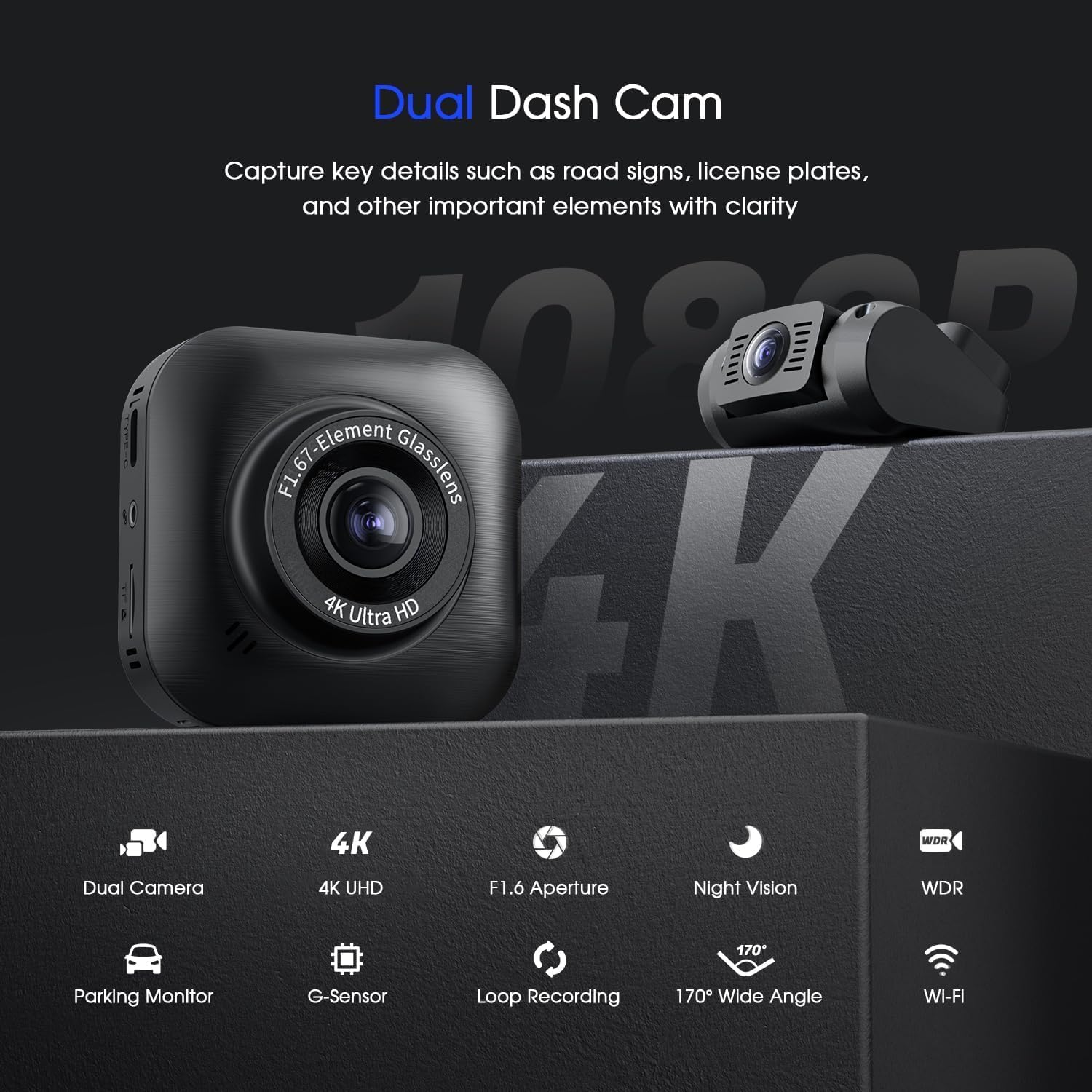 4K/1080P Dual Dash Camera, Front and Rear, Wi-Fi, Night Vision, Parking Mode W825410