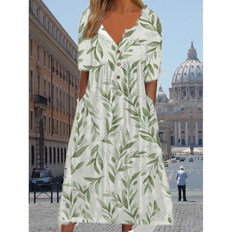Women's Short Sleeve Boho Floral Maxi Dress with Pockets H410