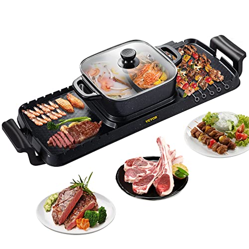 VEVOR Electric Grill Hot Pot 2 in 1, Multifunctional Grill Pan Indoor, Separate Dual Temperature Control, Large Capacity Non-Stick Pan Portable Korean BBQ, Electric Shabu Hot Pot 110V Smoke Free Stove