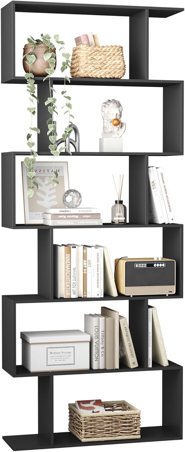 Yusong Bookshelf, Geometric Bookcase S Shaped Book Shelves Unit for Living Room, 6 Tier Tall Decorative Display Shelf for Bedroom, Study Room, Black