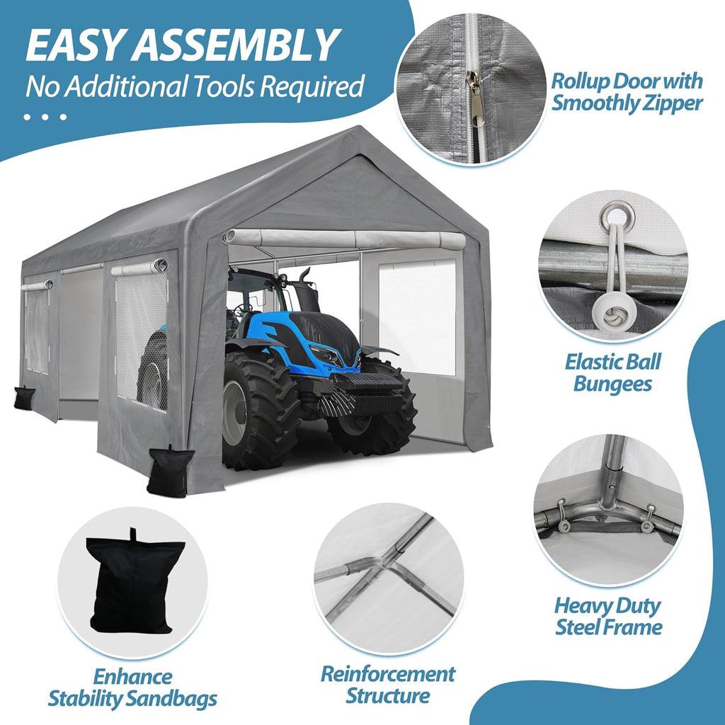 10x20 ft Portable Carport Garage with Heavy Duty Metal Frame and Roll-up Doors S248825