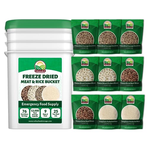 76 Serving Freeze Dried Meat & Rice Bucket | Premium Emergency Food Supply, Contains 1,044 g Protein | Non-GMO Survival Food 25 Year Shelf Life | Prepared Foods Survival Kits from Valley Food Storage
