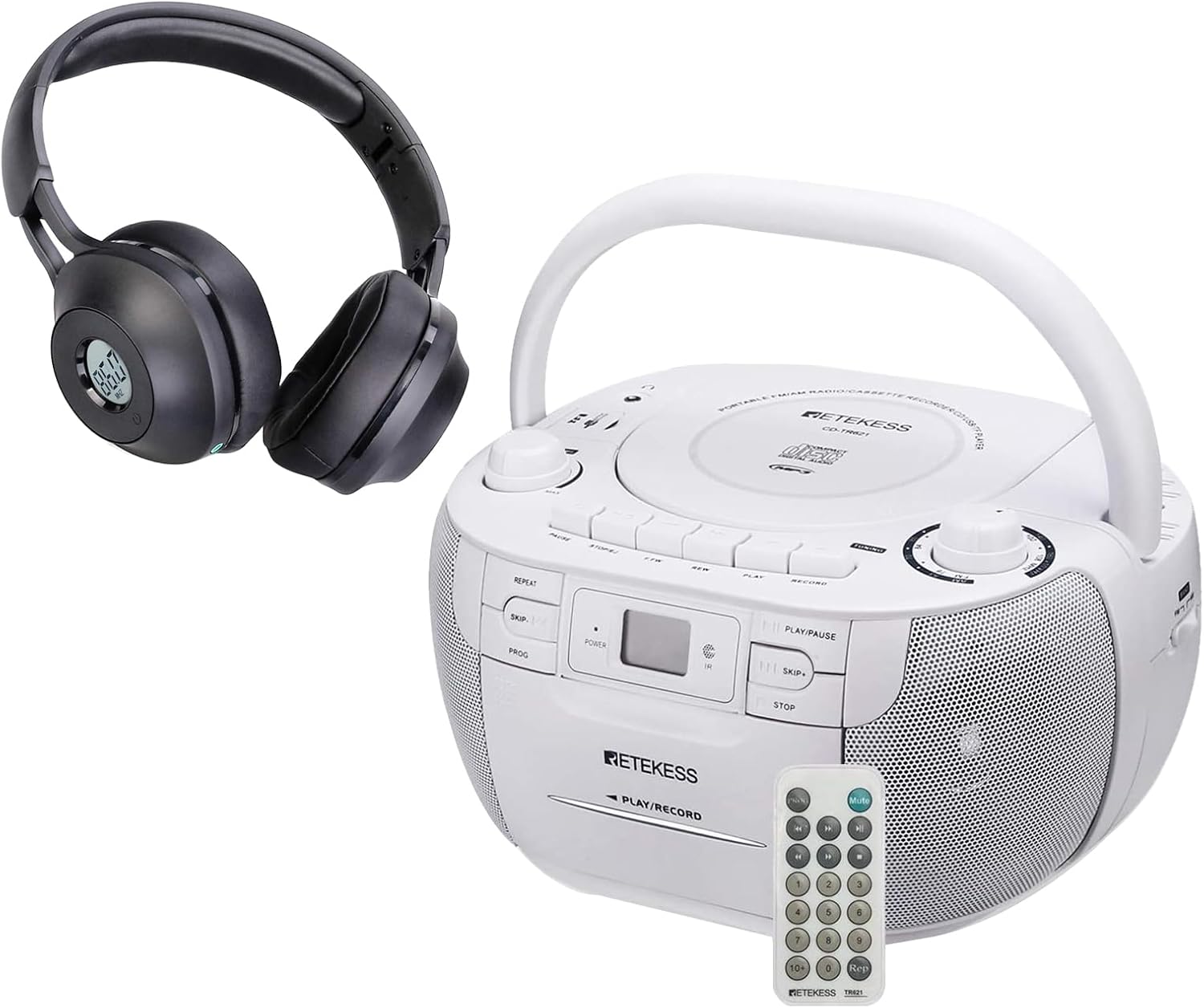 Retekess TR621 CD and Cassette Player Combo, Portable Boombox AM FM Radio, Tape Recording,Retekess TR104 FM Radio Headphones