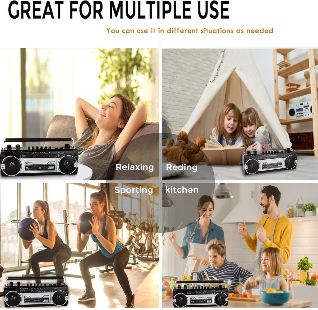 Retro Bluetooth Boombox with AM/FM Radio, Cassette to USB Converter, Black H746066