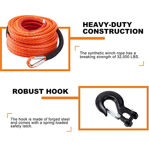 Synthetic Winch Rope Kit 1/4" x 50ft with Protective Sleeve and Heavy Duty Hook T461