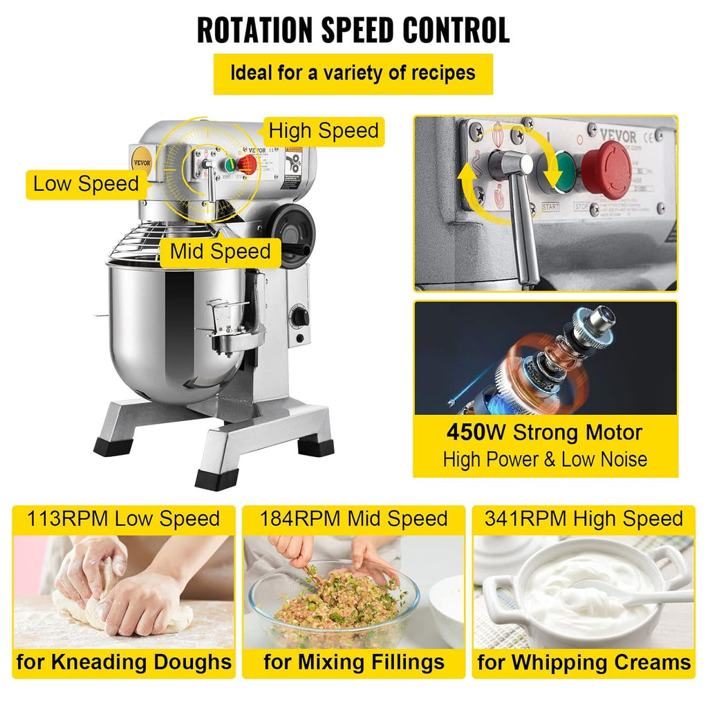 Commercial Food Mixer 10Qt Stainless Steel Bowl, 450W Stand Mixer with 3 Speeds F9570