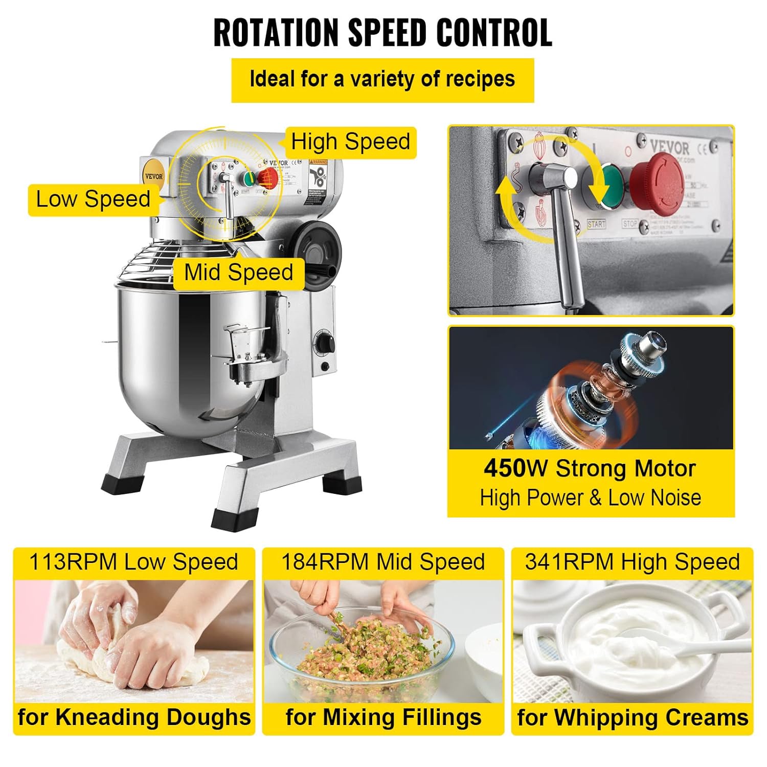 Commercial Food Mixer 10Qt Stainless Steel Bowl, 450W Stand Mixer with 3 Speeds F9570