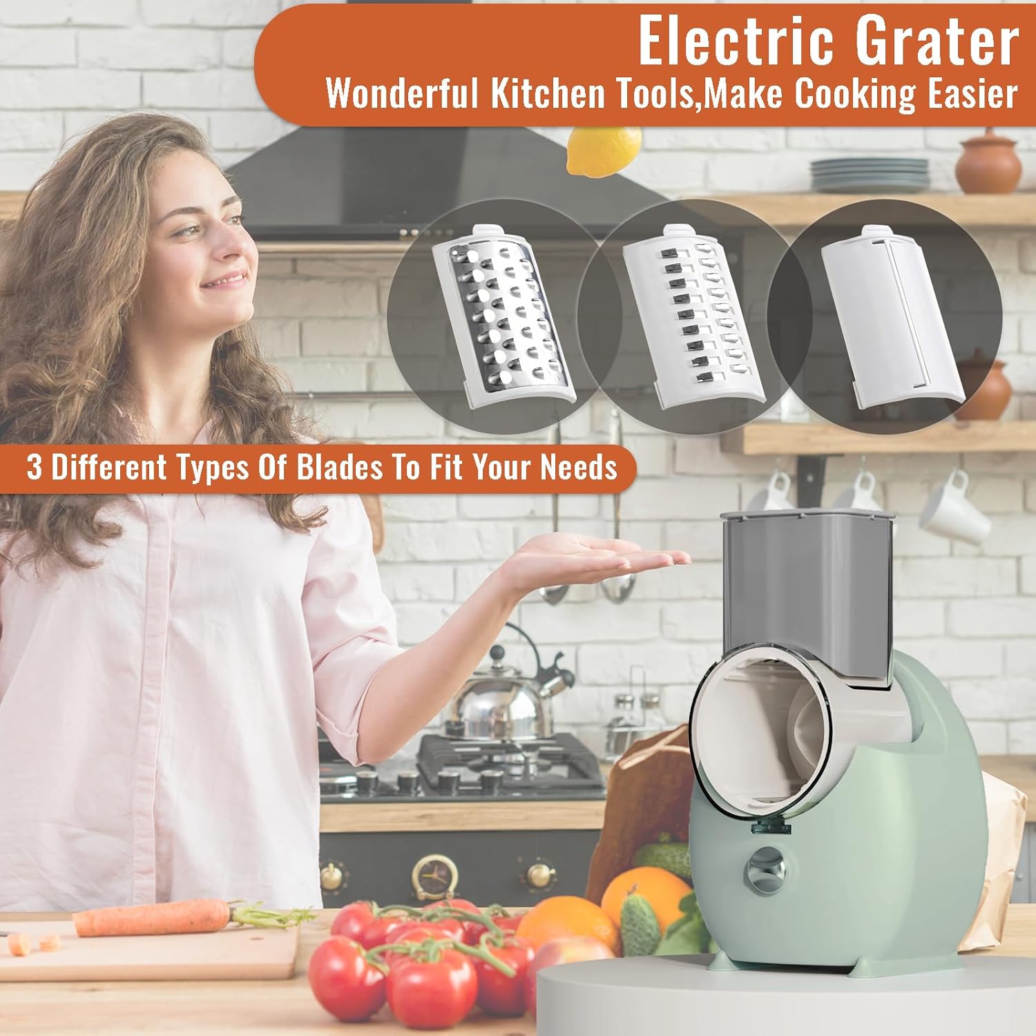 Electric Cheese Grater with 3 Changeable Blades for Vegetables, Fruits and Nuts B812