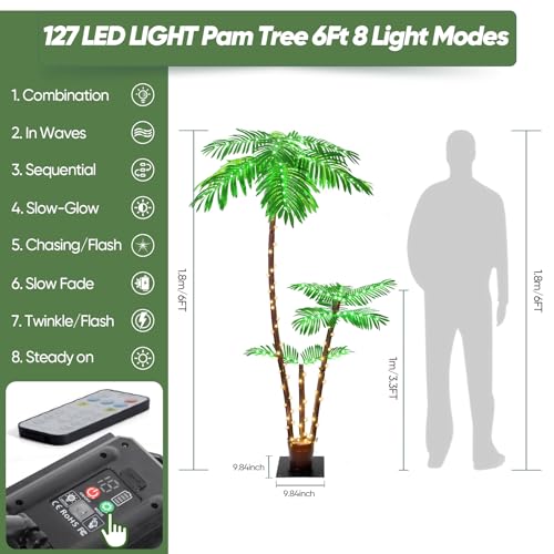 Lighted Palm Trees for Outdoor Patio, 6Ft 2 Trunks with 8 Modes O301