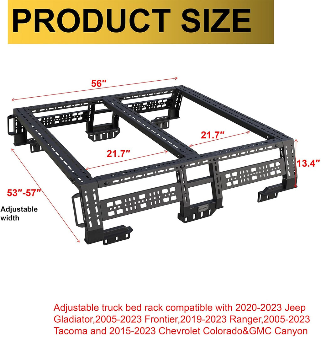 Overland Bed Rack for Mid-Size Pickup Trucks, Adjustable Truck Cargo Carrier, Textured Black D583
