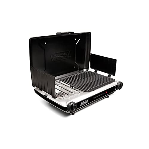 Coleman Tabletop 2-in-1 Grill & Stove with 2 Adjustable Burners, Propane Grill/Stove with Push-Button Starter, Wind Guards, Grease Tray, & 20,000 BTUs of Power for Camping, Tailgating, & More