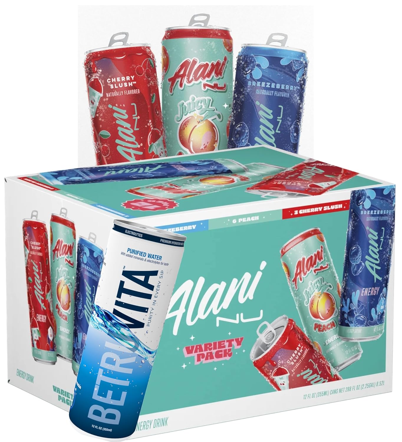 Alani Energy Drink Variety Pack | 12-Pack | Juicy Peach, Cherry Slush, Breezeberry | 12oz Cans | Includes Canned Water for Hydration - Limited Edition