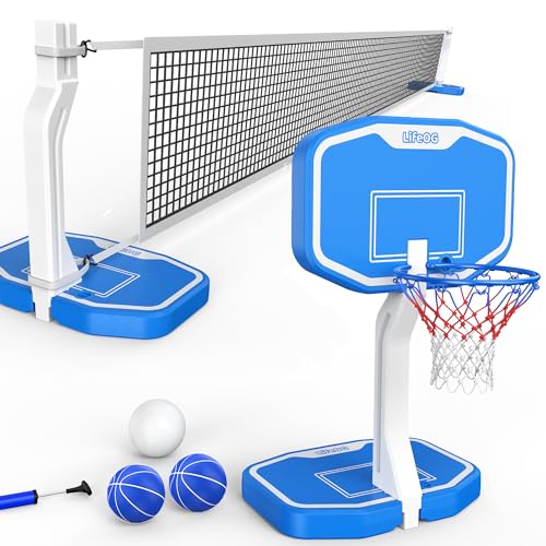 2 in 1 Swimming Pool Basketball & Volleyball Game Set,includes Poolside Hoop, Balls, Net, and Pump,Ideal for Ages 6+ Kids/Adults,Suitable for All Inground Swimming Pools-BLUE