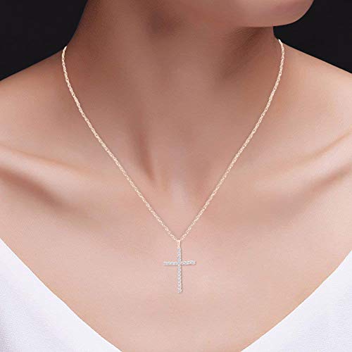 14K Solid Gold Diamond Cross Pendant with Silver Chain J323