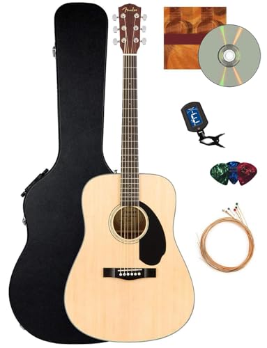 Fender CD-60S Solid Top Dreadnought Acoustic Guitar - Natural Bundle with Hard Case, Tuner, Strings, Picks, Fender Play Online Lessons, and Austin Bazaar Instructional DVD