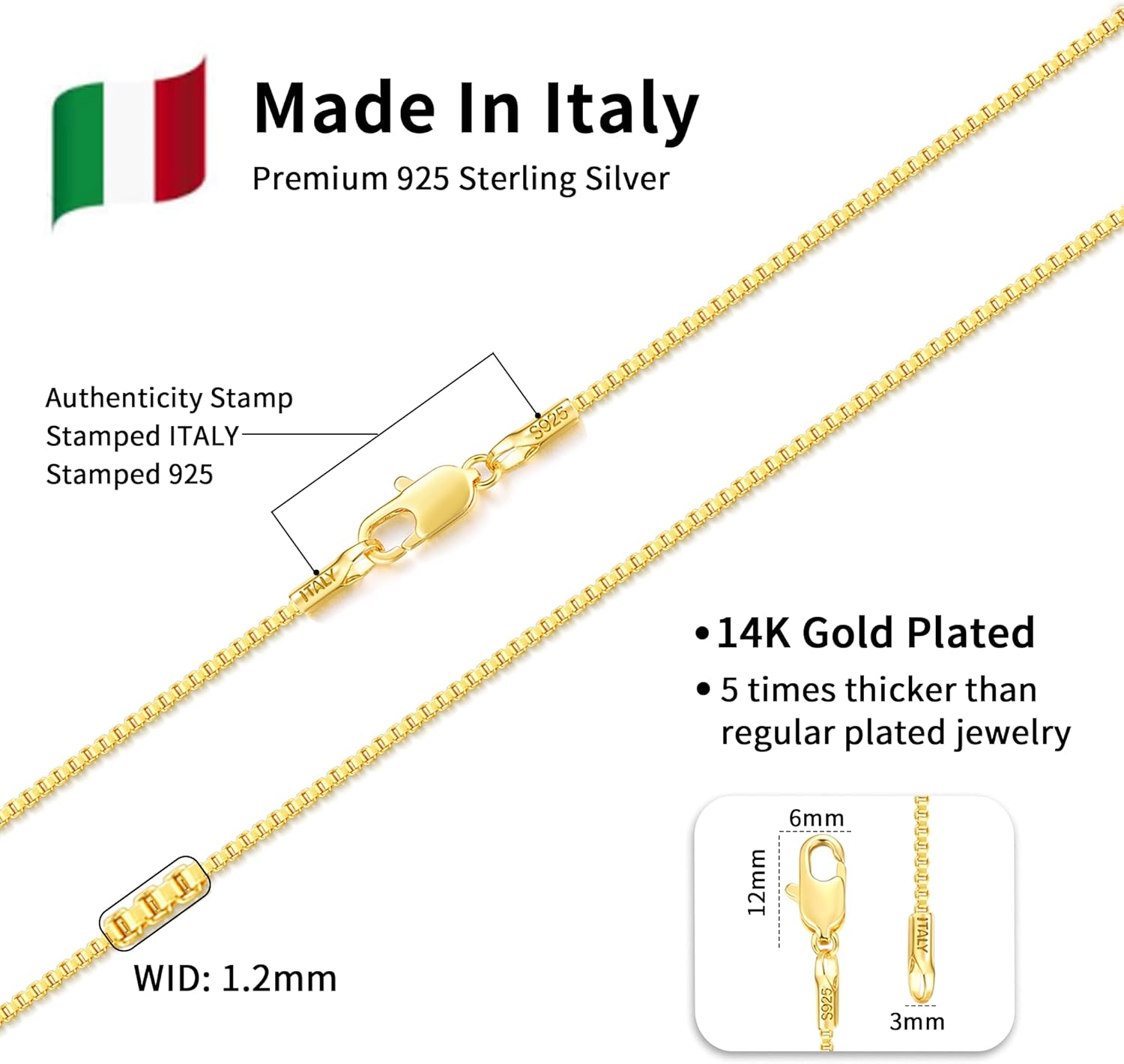 14K Gold Over Sterling Silver Box Chain Necklace for Women J52628
