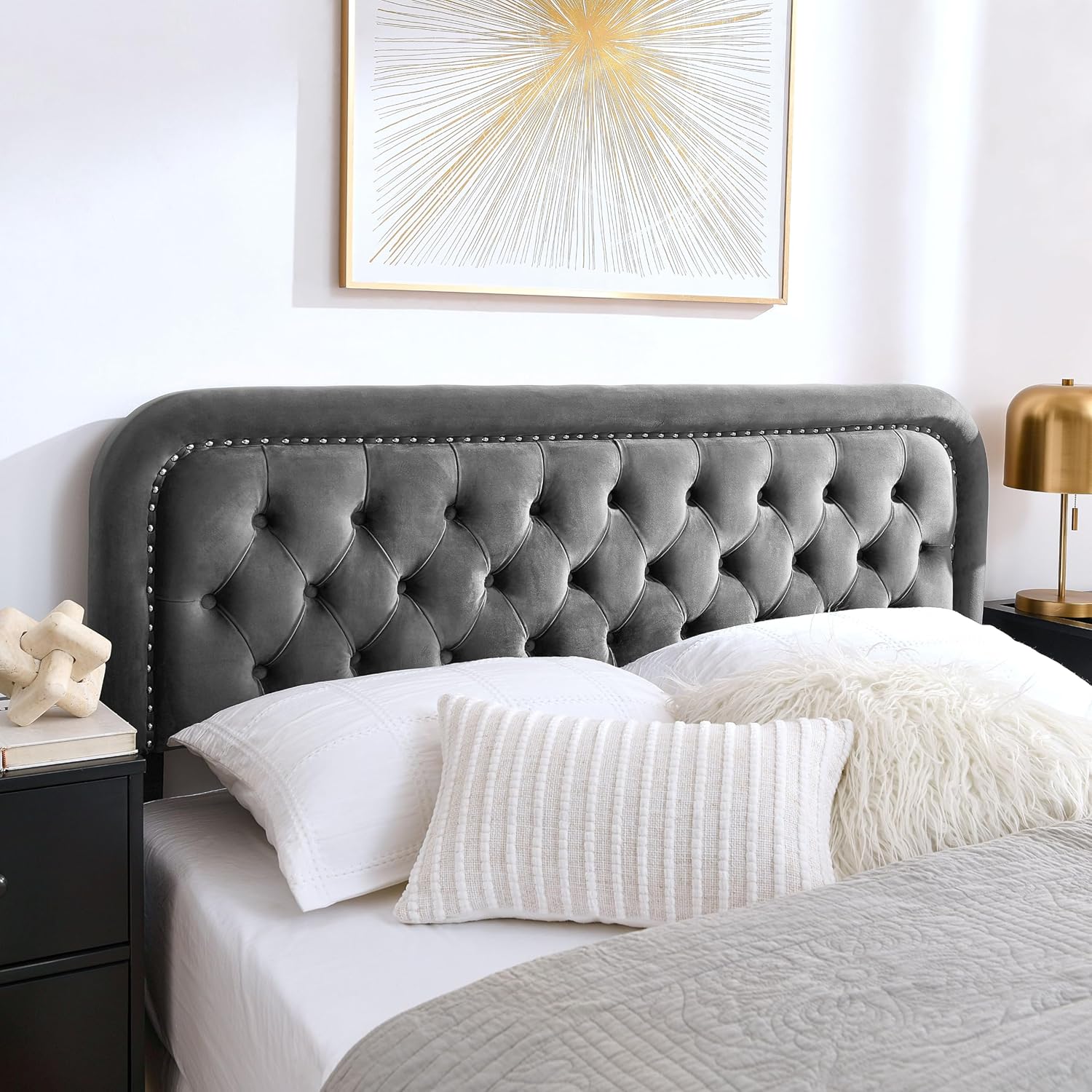 Tufted Upholstered Full Size Headboard with Adjustable Stand, Grey A58141