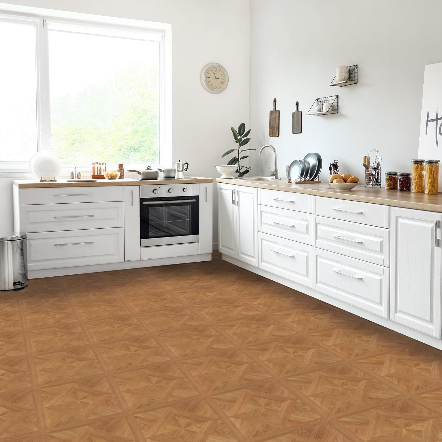 Self-Adhesive 12-Inch Vinyl Floor Tiles, 20 Tiles - Light Oak Diamond Parquet Pattern, Peel & Stick for Kitchen, Dining Room, Bedrooms & Bathrooms T51593