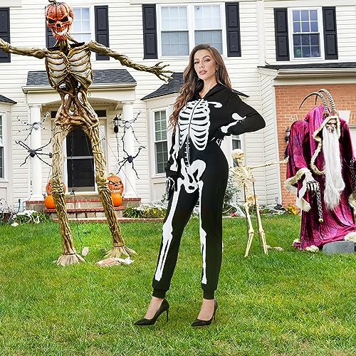 Glow in the Dark Skeleton Onesie Bodysuit with Gloves, Adult Halloween Pajamas Jumpsuit, Black XL I8809