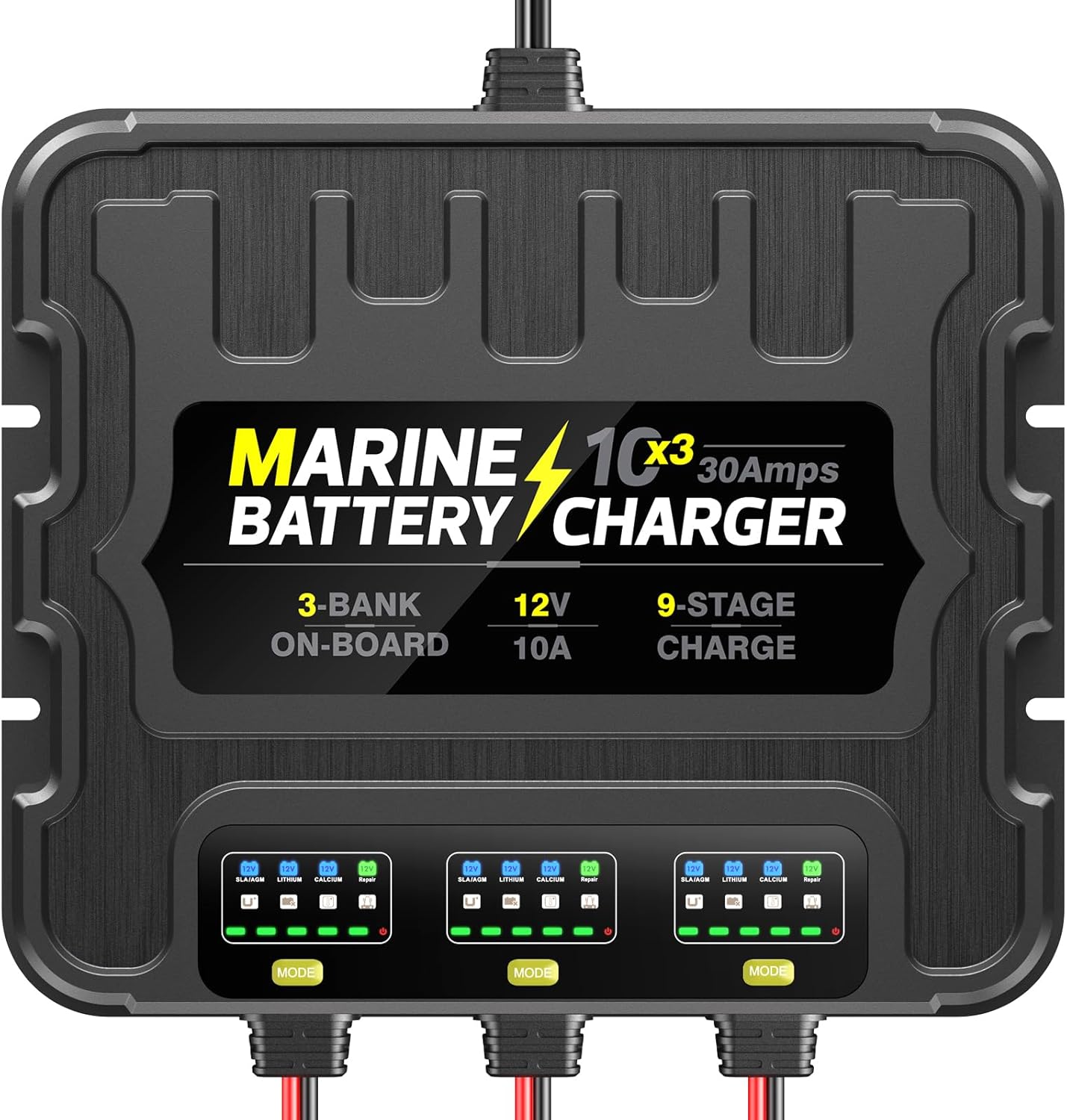 3 Bank Marine Battery Charger, 12V 30A (10A/Bank) Smart Waterproof Onboard Boat Battery Charger, Battery Maintainer & Desulfator for SLA/AGM/Lithium (LiFePO4), Calcium and Deep-Cycle Batteries
