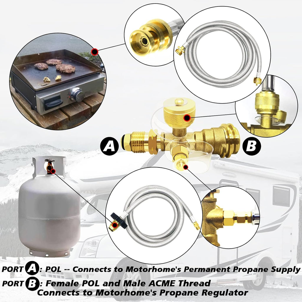 Propane Brass 4 Port Tee Kit with 5FT and 12FT Stainless Braided Hoses L58566