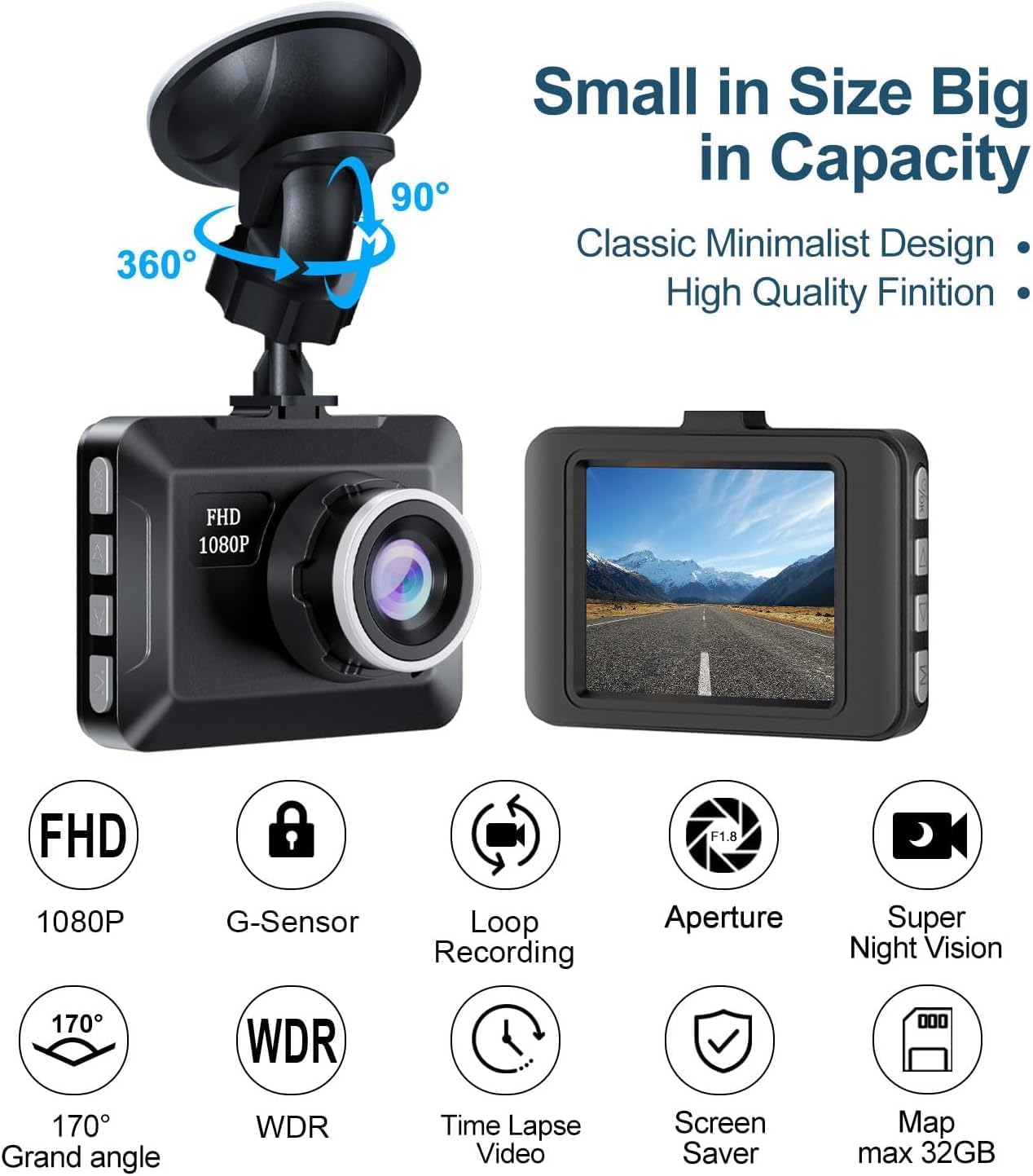 Dash Camera for Car, 1080P Full HD, 170° Wide Angle, Night Vision, Loop Recording, G Sensor H65755