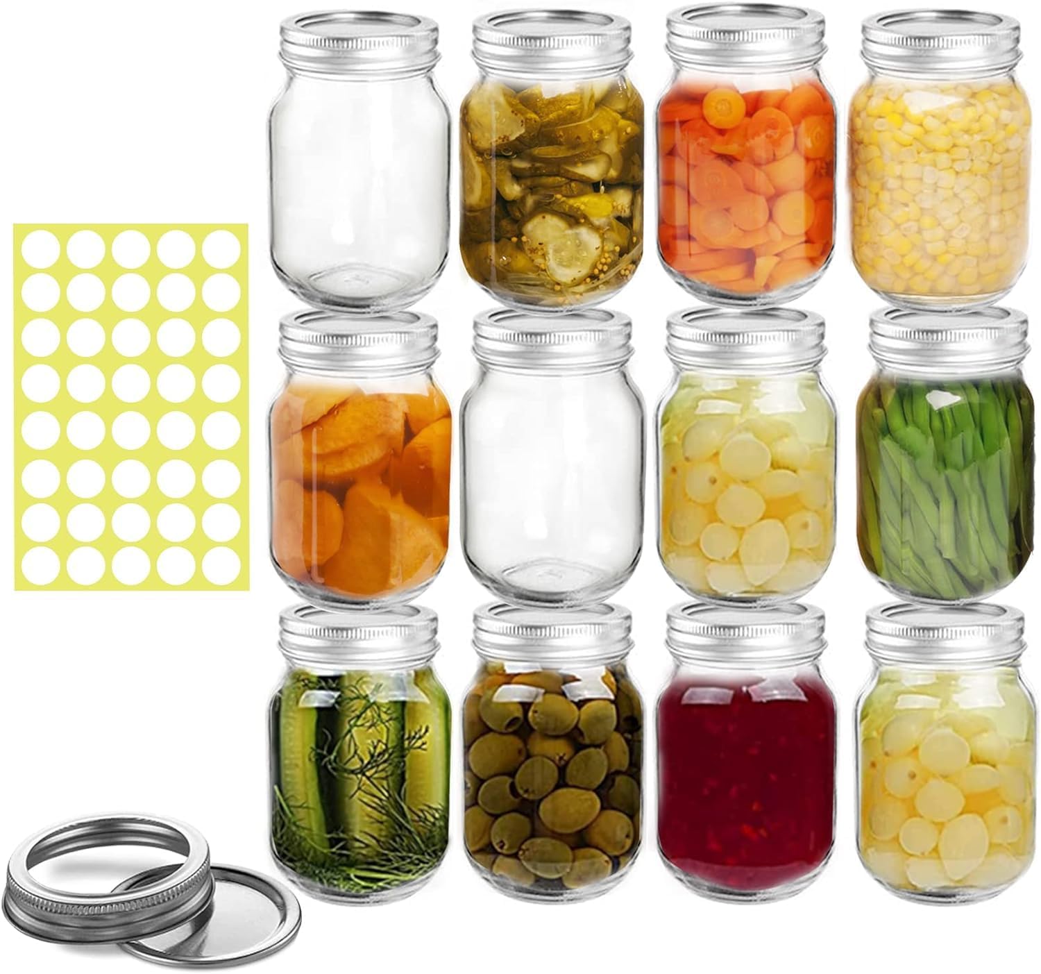 12 Pack Mason Jars with Airtight Lids and Bands,16 oz Regular Mouth Canning Jars,Clear Glass Jars for Preserving, Canning,Pickling, Food Storage,Come with 40 Labels