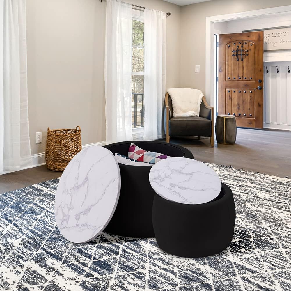 kevinplus Black Round Coffee Table Set of 2 Nesting Storage Ottoman for Living Room, Modern Circle Ottoman Coffee Table Drum Side Table End Table for Bedroom Apartment, Velvet Fabric (2-Pcs Black)