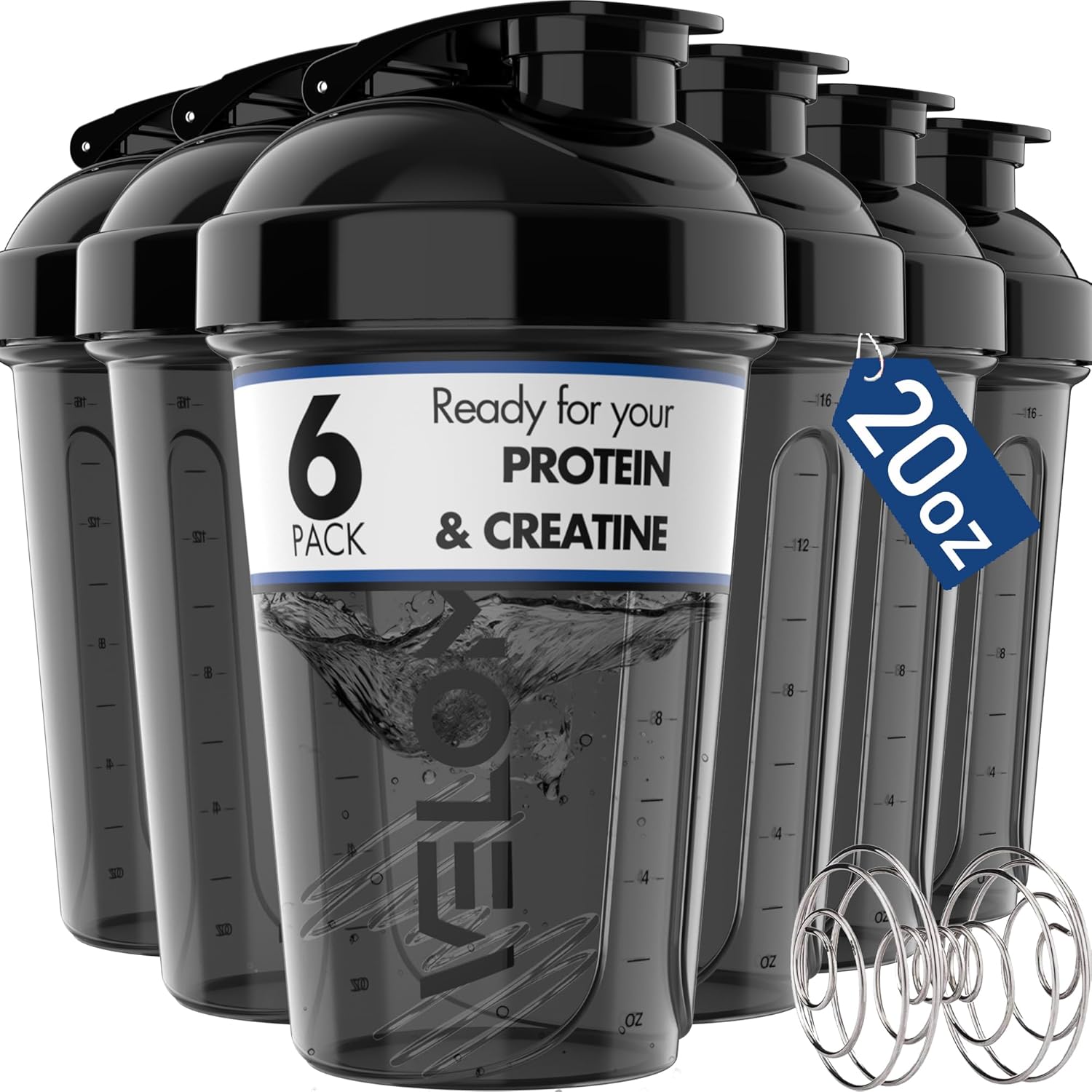 -6 PACK- 20 OZ Protein Shaker Bottles for Protein Mixes, Shaker Cups for Protein Shakes, Small Shaker Bottle Pack, Shaker Cup, Shakers for protein Shakes (20 OZ - 6 PACK BLACK)