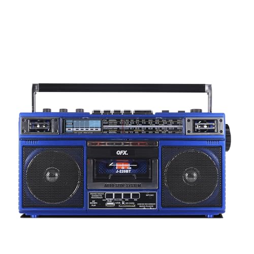 QFX J-220BT Red Boombox MP3 Conversion from Radio to Cassette with 4-Band (AM, FM, SW1, SW2) Radio with Bluetooth, Dual 3” Speakers, Built-in Microphone, Recorder, and a 3-Band Equalizer