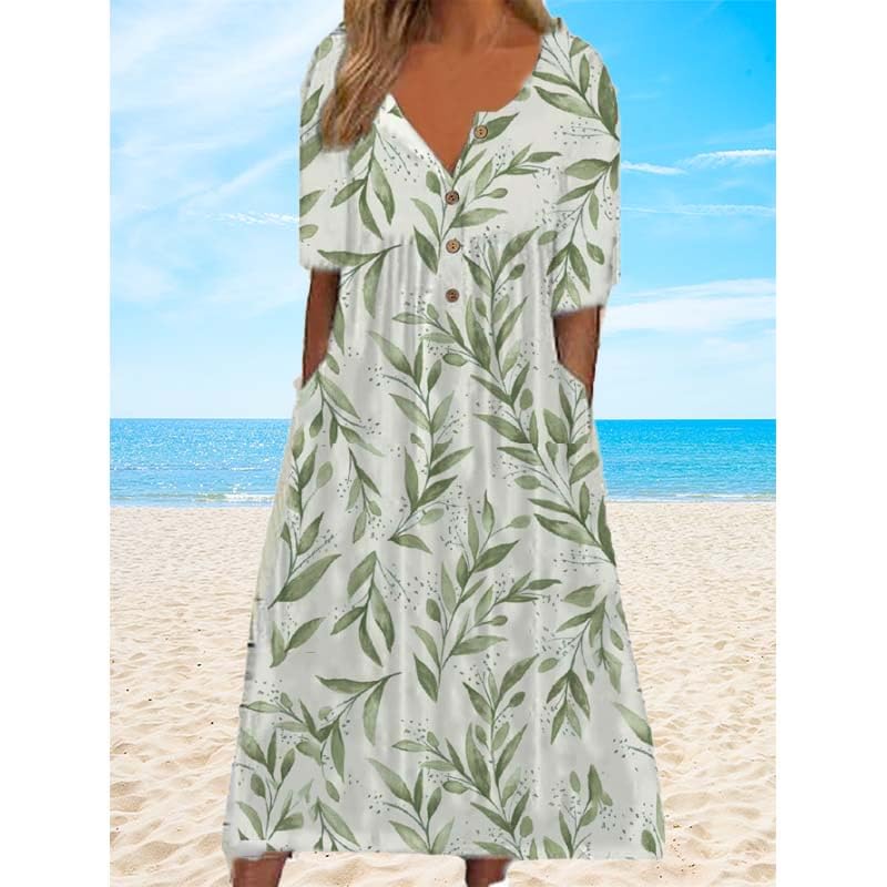 Women's Short Sleeve Boho Floral Maxi Dress with Pockets H410
