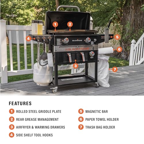28 Inch Gas Griddle Station with Air Fryer Combo, Two Burners, Wheels and Side Shelves T6073