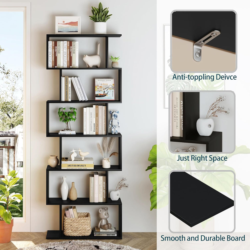 Geometric S-Shaped 6-Tier Bookshelf for Living Room, Bedroom, Study E846