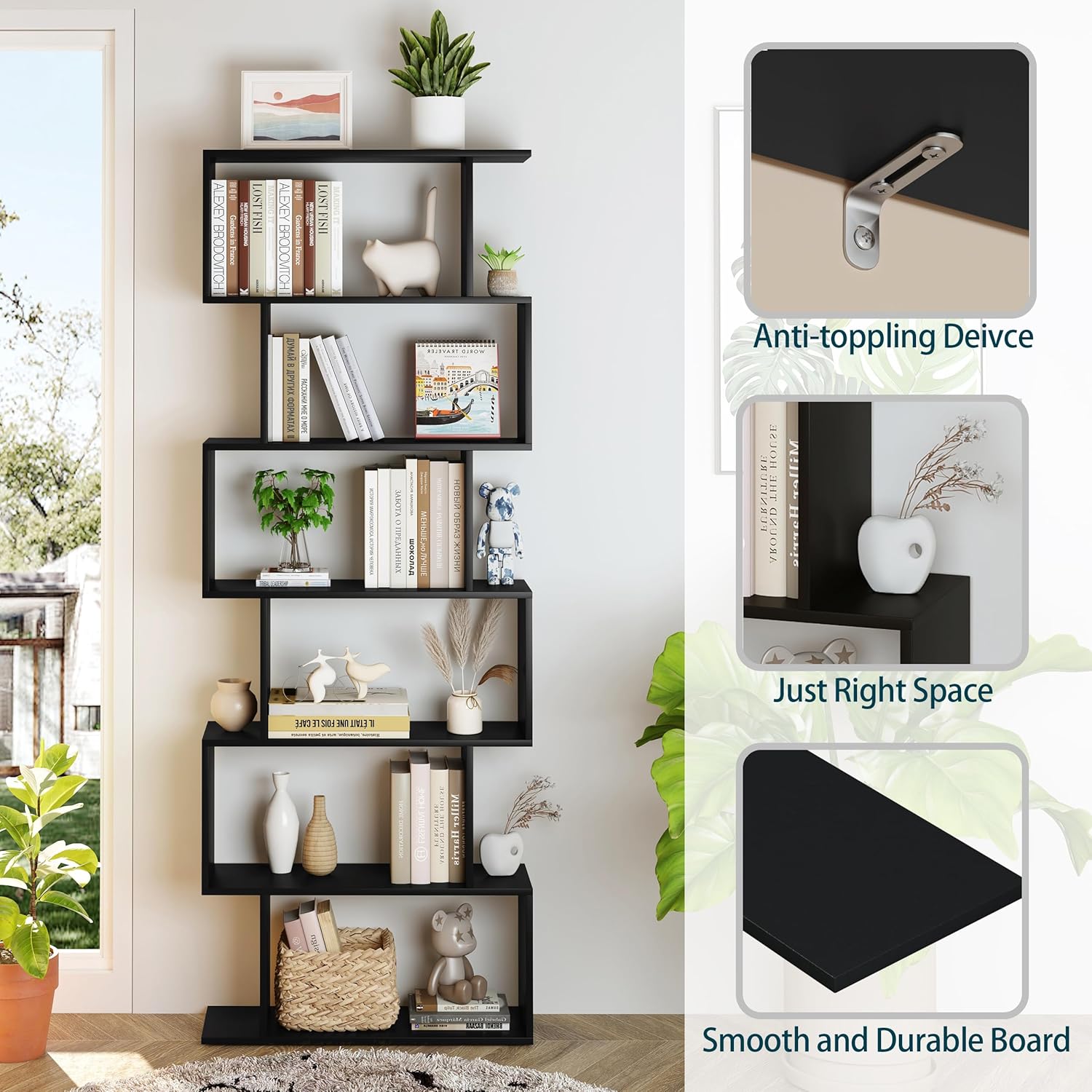 Geometric S-Shaped 6-Tier Bookshelf for Living Room, Bedroom, Study E846