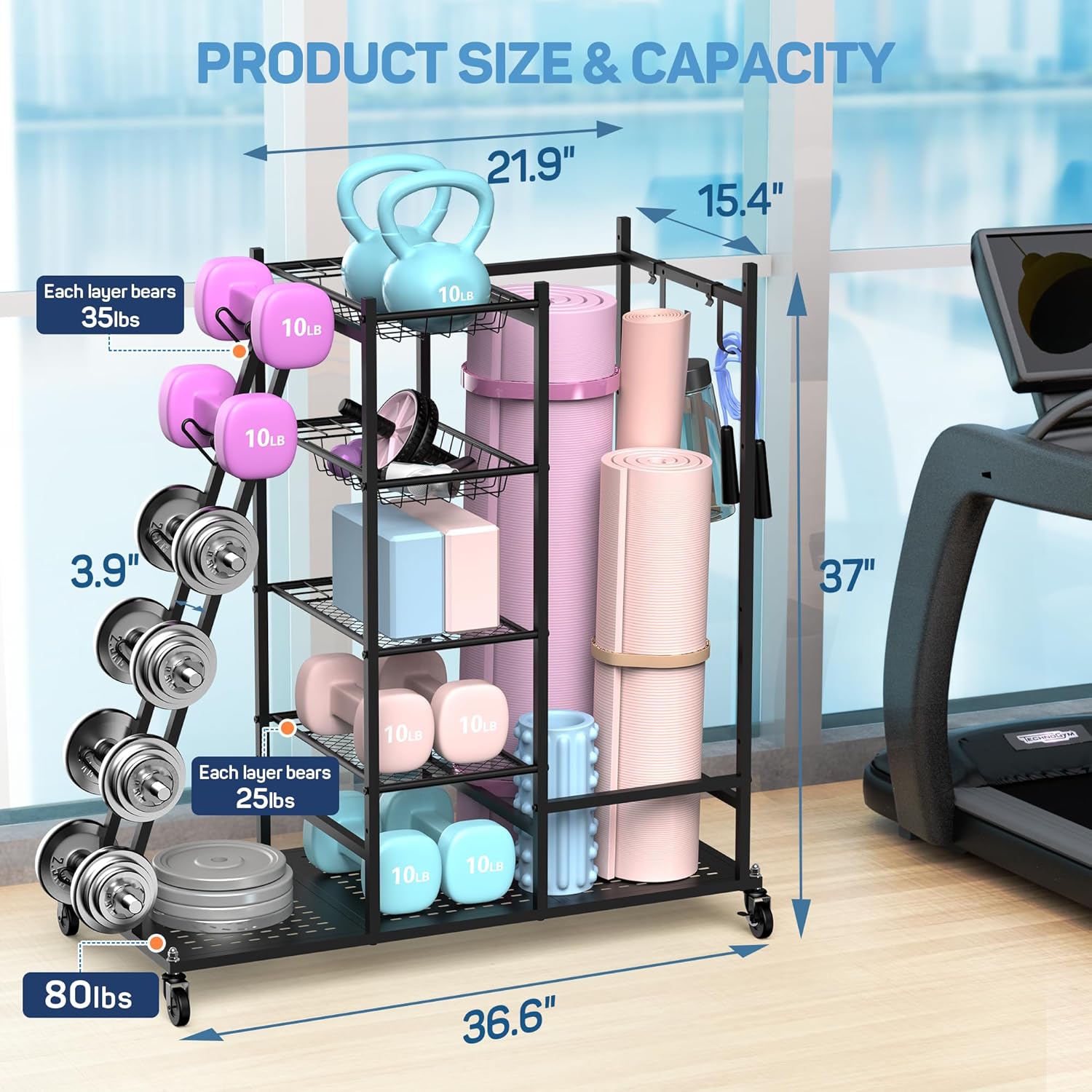 Weight Rack for Dumbbells, Home Gym Storage for Yoga Mat Kettlebells and Gym Equipment N408