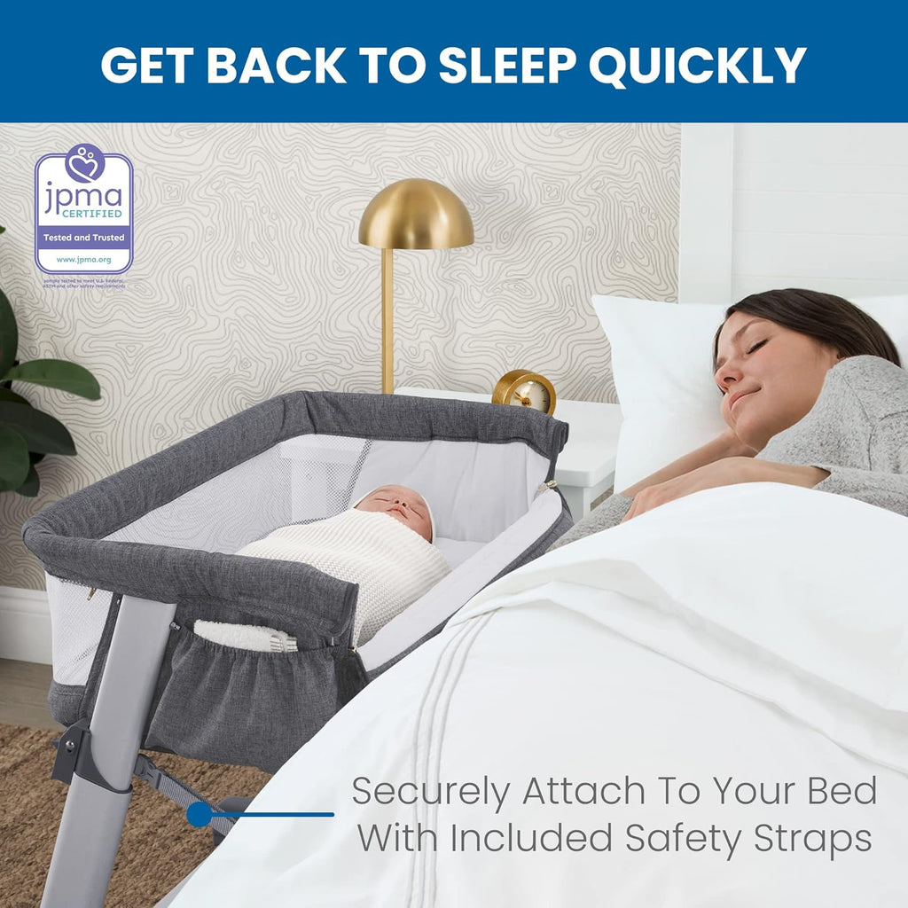 Simmons Kids Dream Bedside Bassinet with Zip-Down Side Wall, Breathable Mesh, Adjustable Heights, Lightweight Portable Crib, Grey C438517