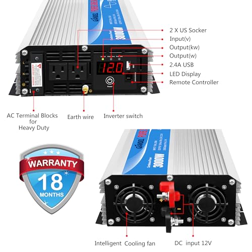 2200W Pure Sine Wave Power Inverter 12V to 110V AC with Solar Charge Control O250623