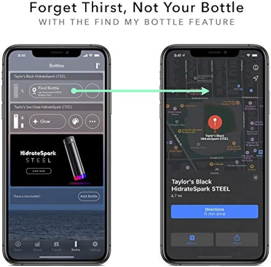 Smart Water Bottle with Bluetooth Tracking and LED Reminder, 21oz H613908