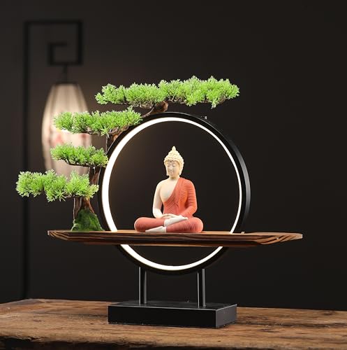 White Buddha Statue with Green Artificial Tree and LED Circle Table Lamp, Indoor Ceramic Home Decor, 16.5 in F350