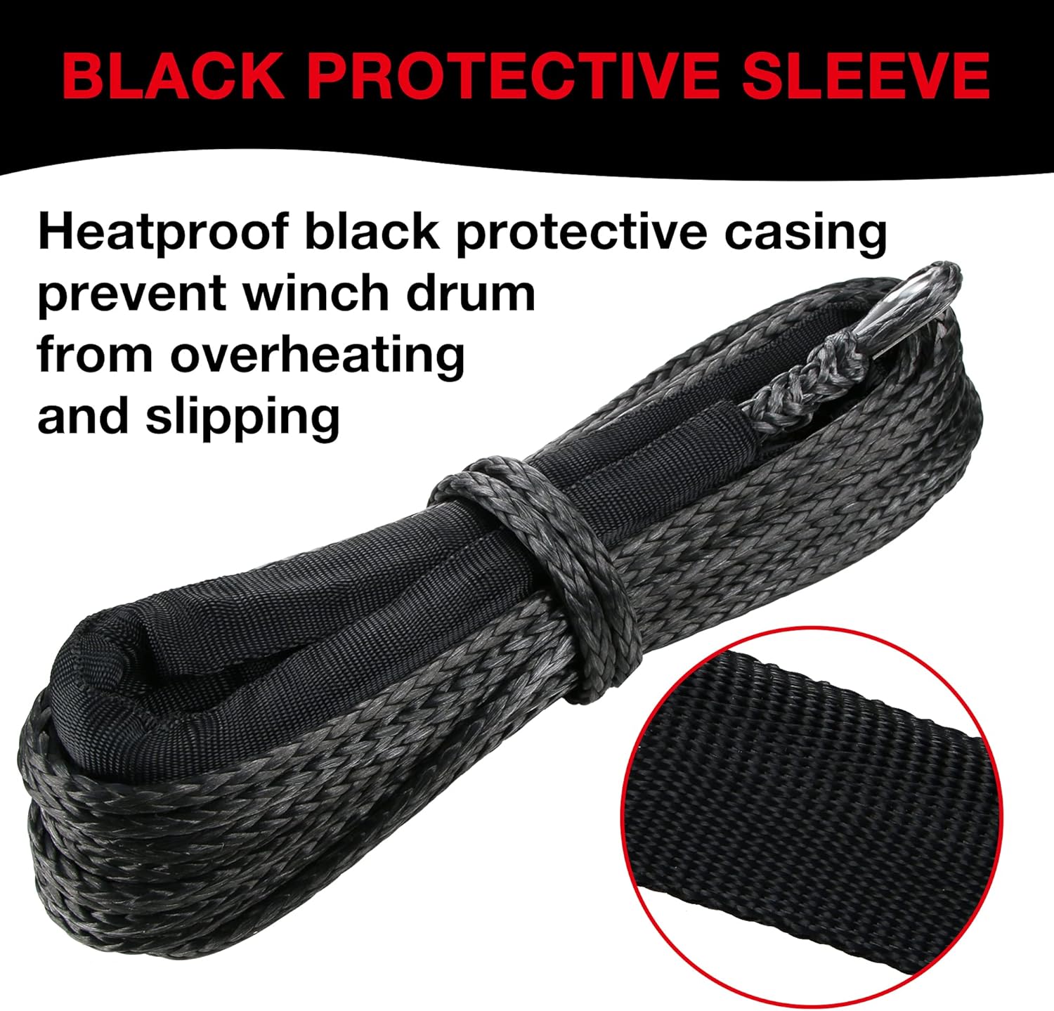 1/4" Synthetic Winch Rope 50 Ft Black Heavy Duty 10000 lb with Steel Hook and Thimble O7298