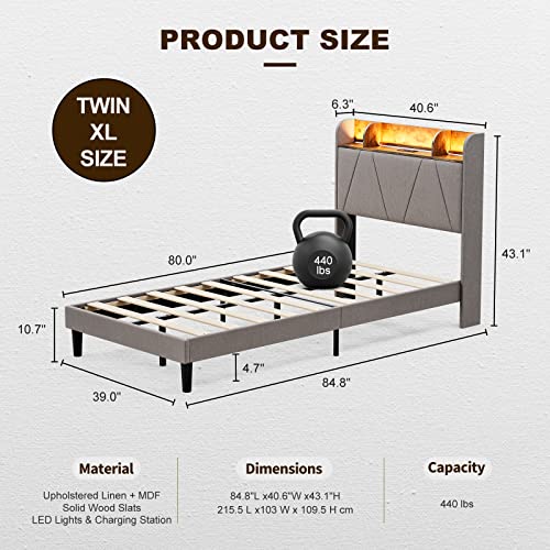 King Bed Frame with Charging Station and Storage Headboard, LED Light, Solid Wood Slats M630