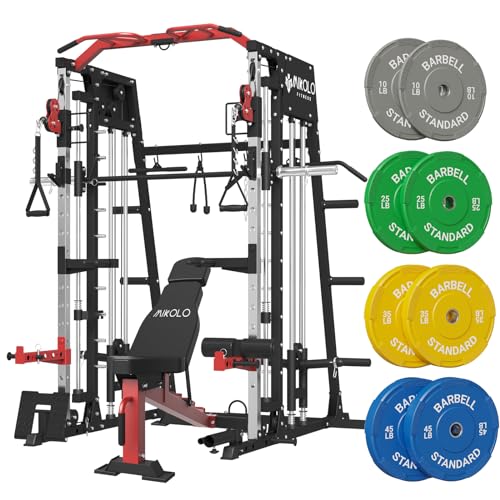 Mikolo Smith Machine, 2200lbs Squat Rack with LAT-Pull Down System & Cable Crossover Machine, Training Equipment with Leg Hold-Down Attachment, Garage & Home Gym Package