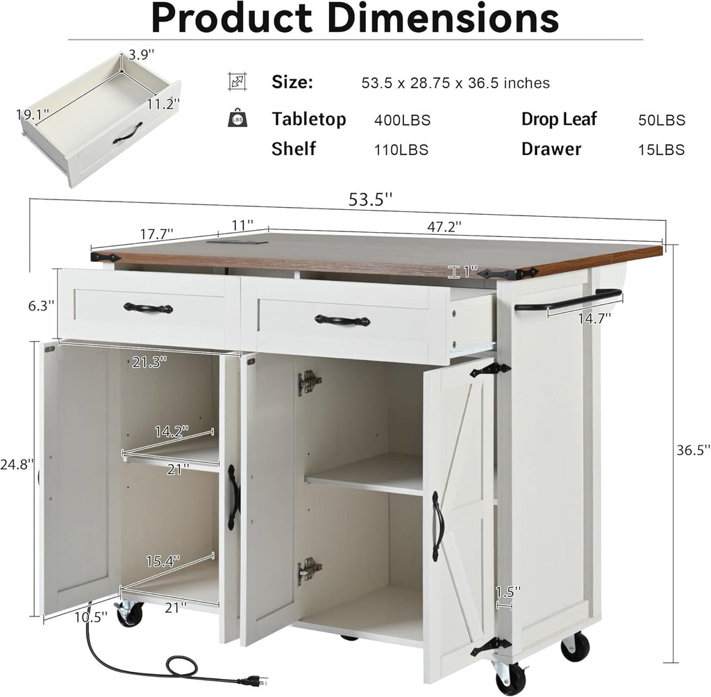 Kitchen Island Cart with Power Outlet and Storage, Rolling Trolley with Drop Leaf S12879